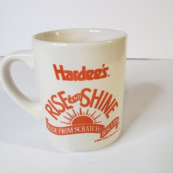 Vintage 90s Orange Hardees Rise and Shine Coffee Mug Cup Logo Restaurant Ware - Picture 3 of 9